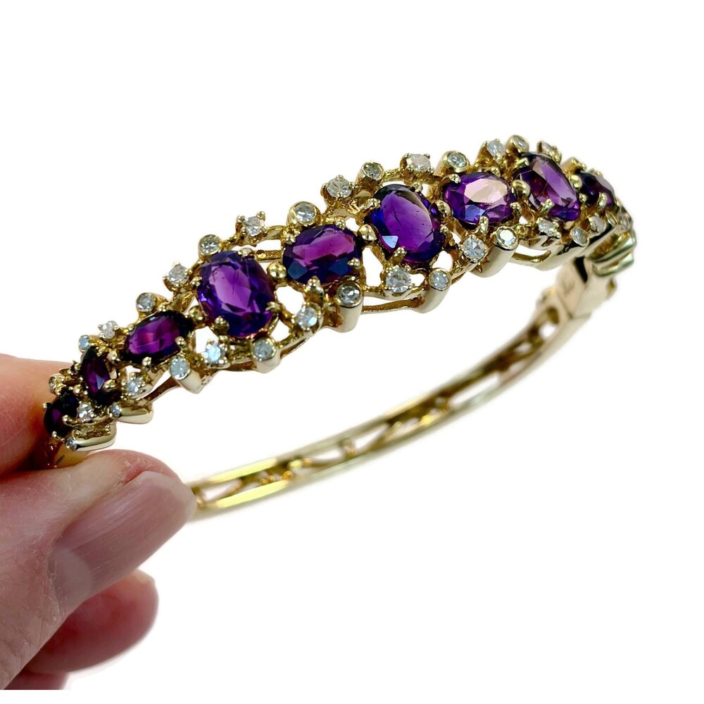 Amethyst Bracelet Diamonds 14K Yellow Gold: Hinged Bangle Vintage - Picture 4 of 14